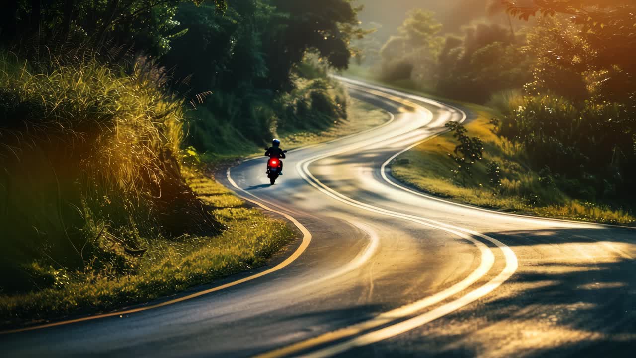A motorcyclist rides along a winding road at sunset, captured from a rear angle