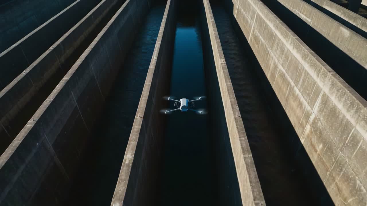 Aerial View of a Drone Navigating Between Concrete Channels with Water Reflecting Its Presence, Showcasing High-Tech Innovation in Urban Infrastructure