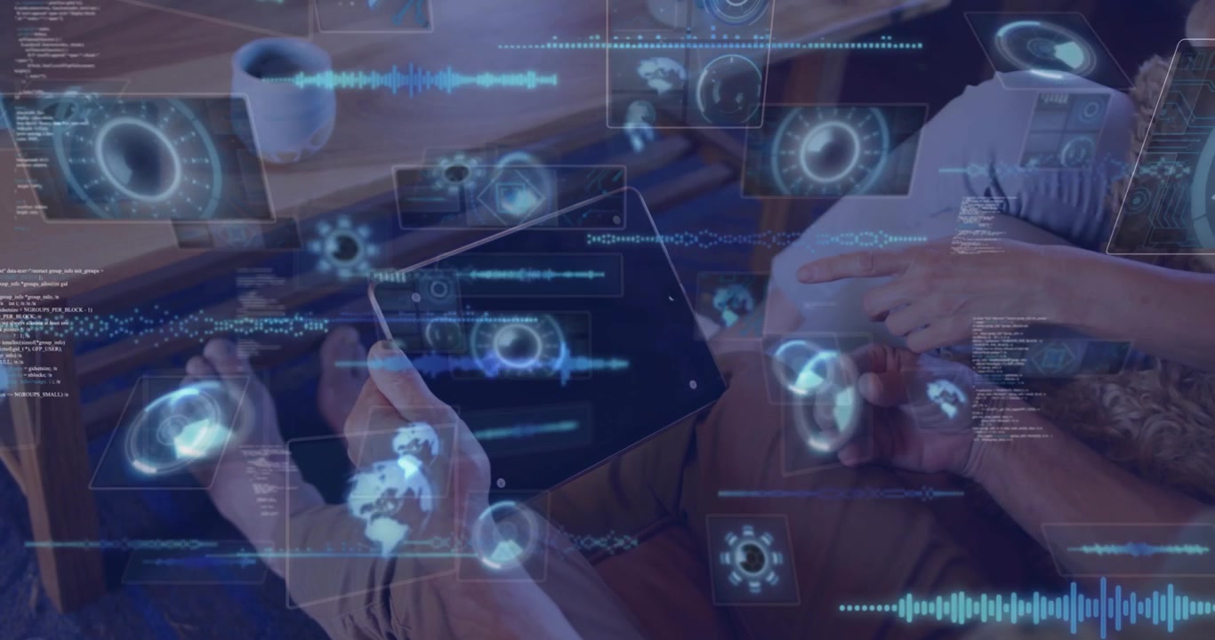 Man holding tablet and woman pointing on couch, initiating tech HUDs and waveforms overlaying hands