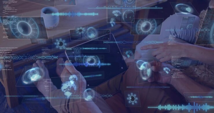 Man holding tablet and woman pointing on couch, initiating tech HUDs and waveforms overlaying hands