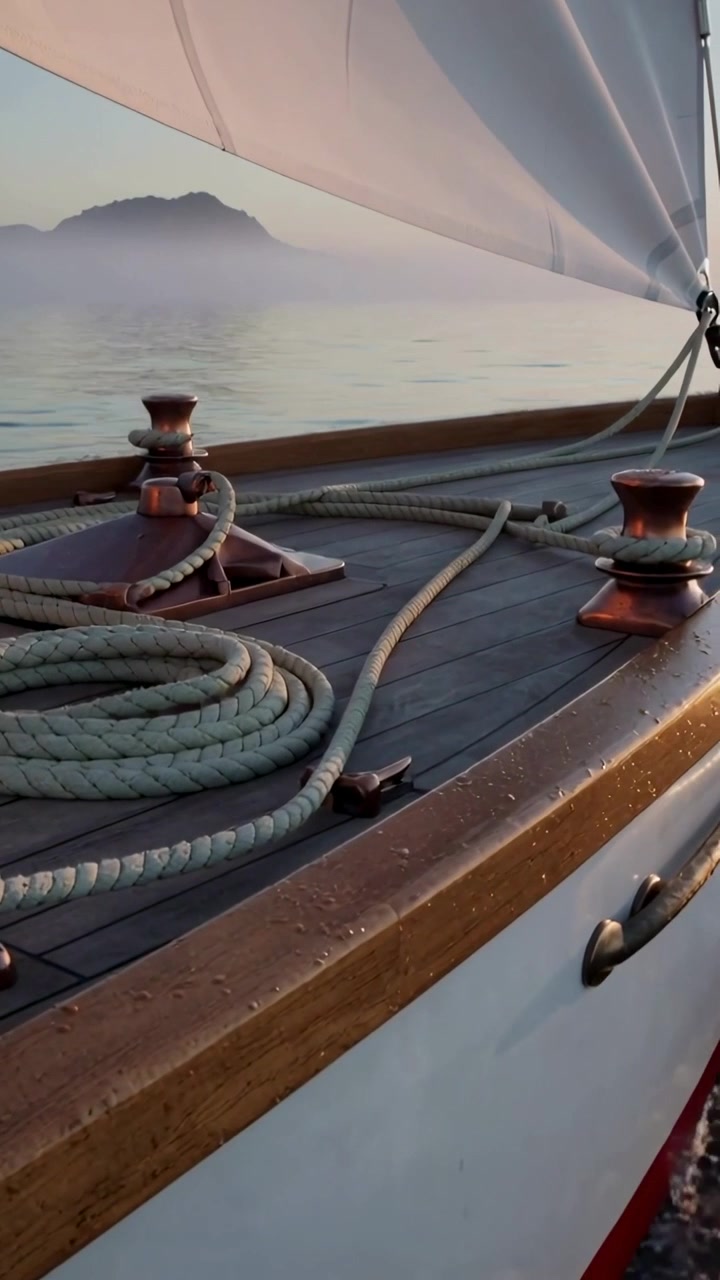 Verticale video: Glijdend voordek van een zeilboot onthult opgerold touw en lieren terwijl het eiland passeert