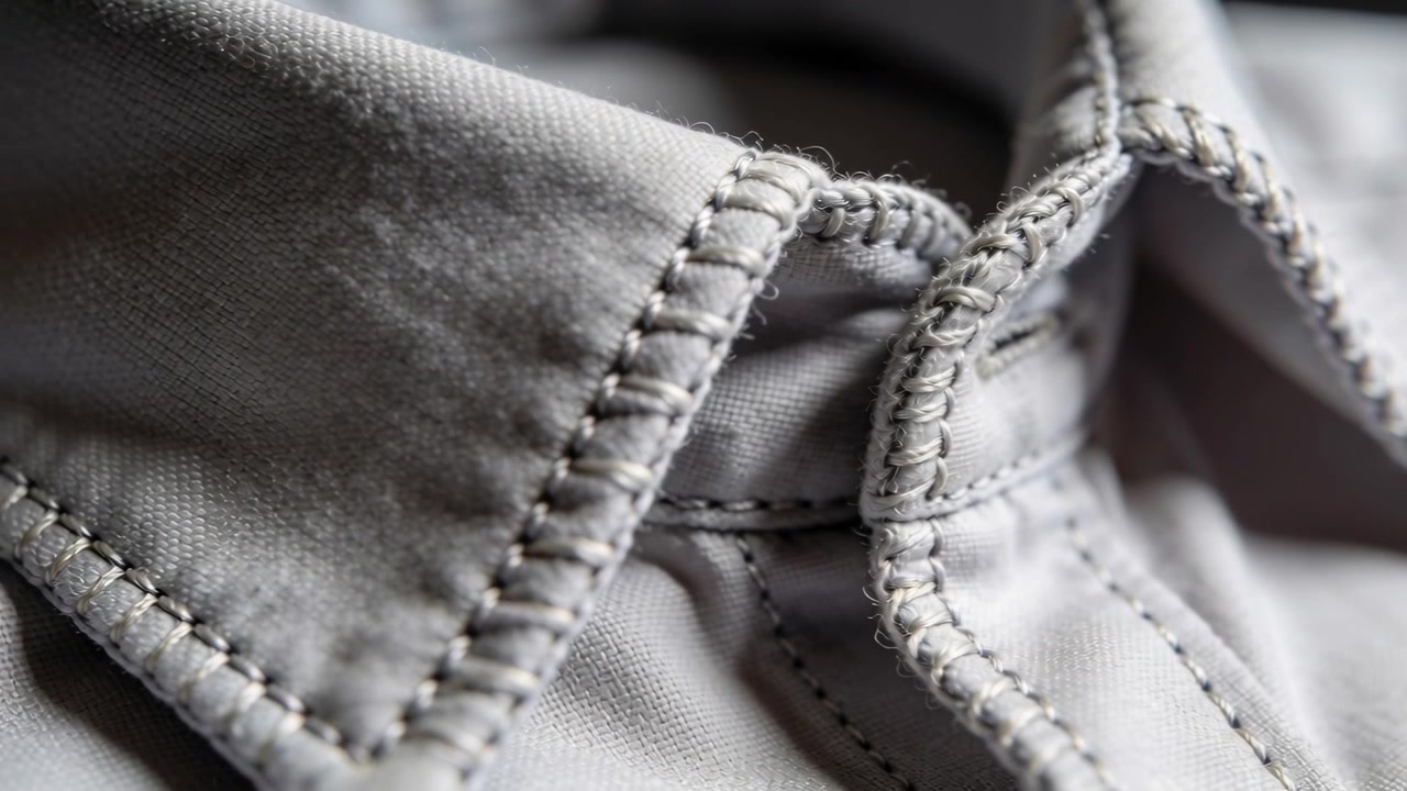 Shifting camera revealing folded light gray shirt collar stand in closeup highlighting topstitching