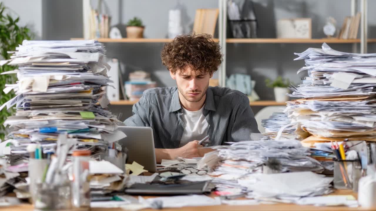 Overwhelmed by Paperwork: A Young Man Struggles with a Mountain of Documents at His Desk While Trying to Maintain Focus on His Laptop in a Busy Workspace