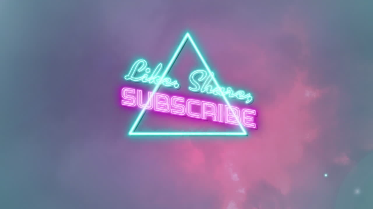 animación de neón como, compartir, suscribirse y triángulo en el cielo con relámpagos