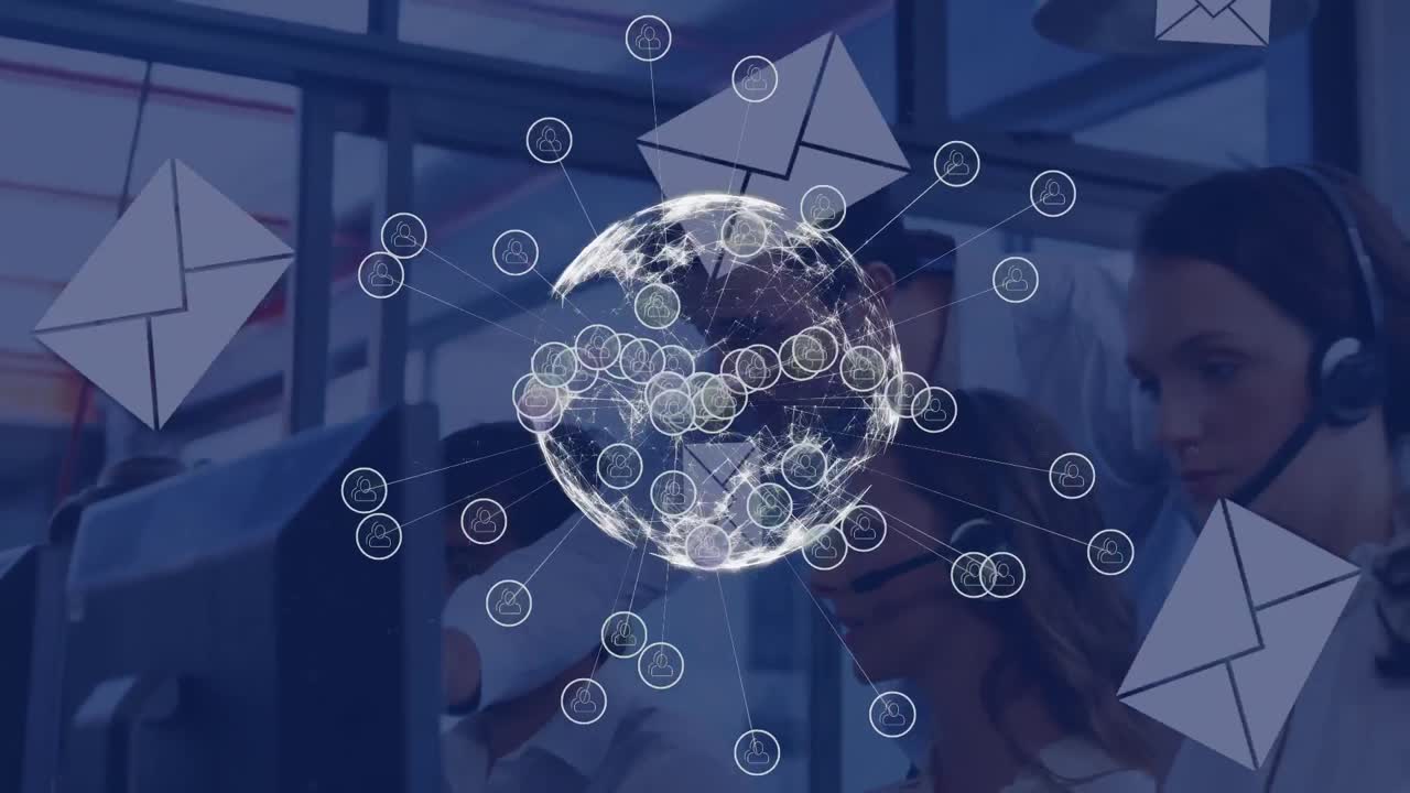 전화 헤드 ⁇ 을 사용하는 사업가 여성에 대한 연결과 함께 지구의 애니메이션