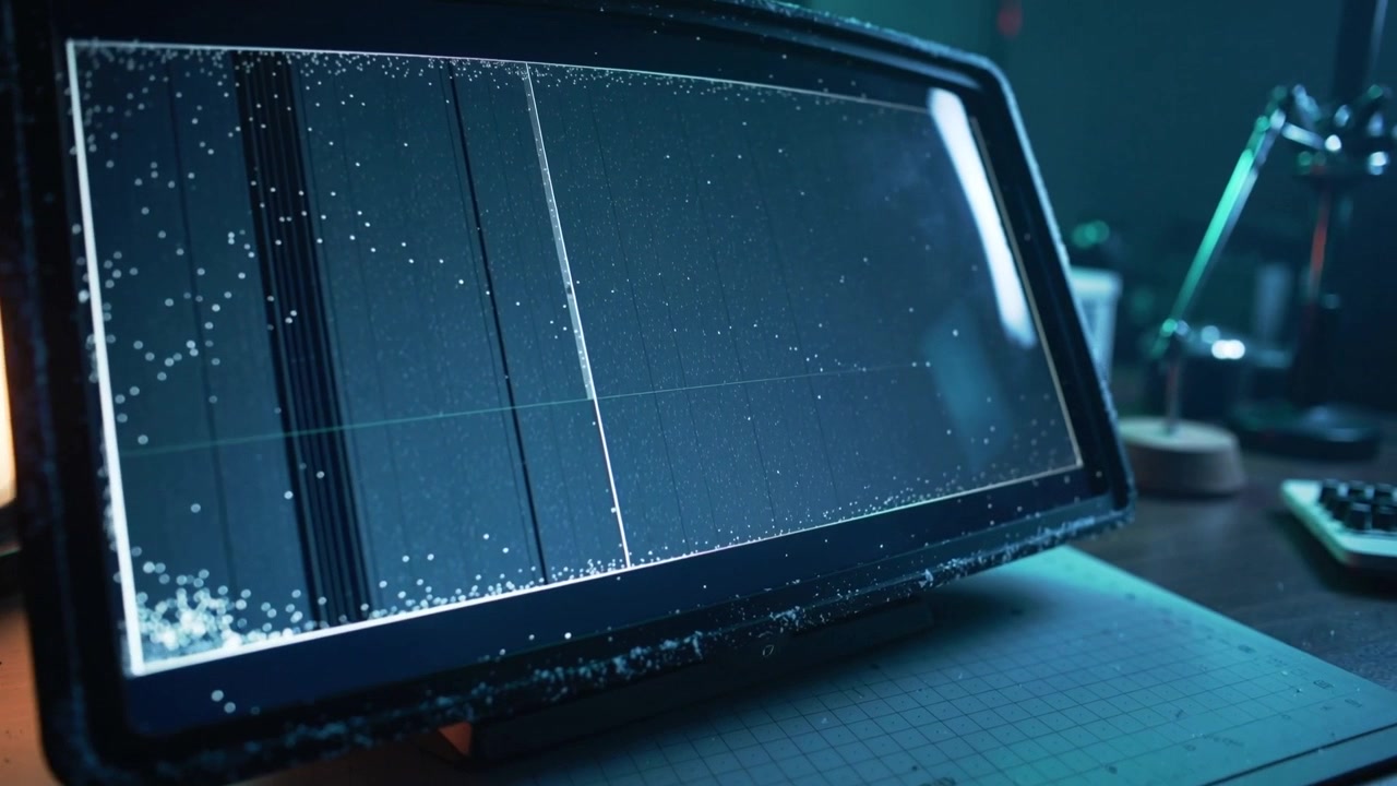 Schwenkaufnahme enthüllt einen beschädigten Touchscreen auf einer Gittermatte mit Lampe und Tastatur, dokumentiert den Schaden.