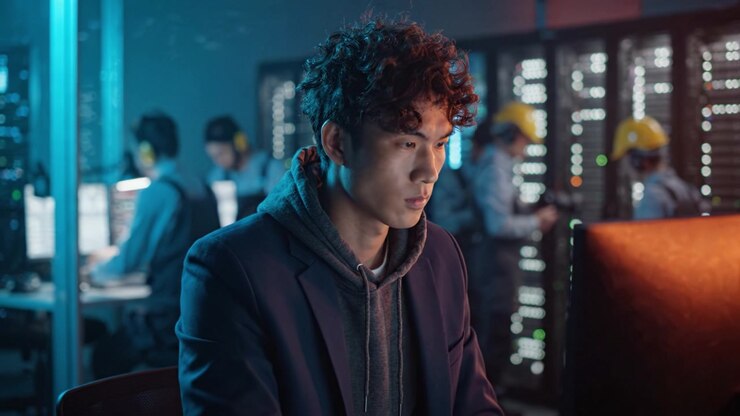 Focused Individual Analyzing Data in a Server Room, Surrounded by Technicians, Highlighting the Importance of Technology in Modern Industry and Data Management