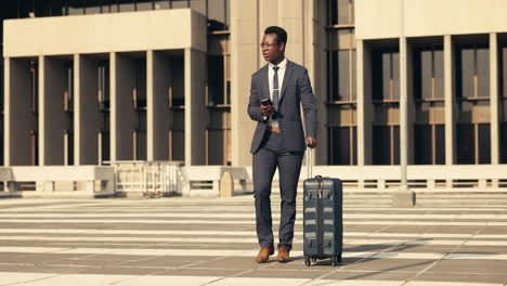 business man, suitcase and phone for walk