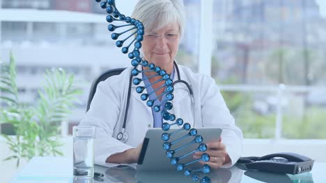 Animation-of-dna-strand-spinning-over-female-doctor-using-tablet