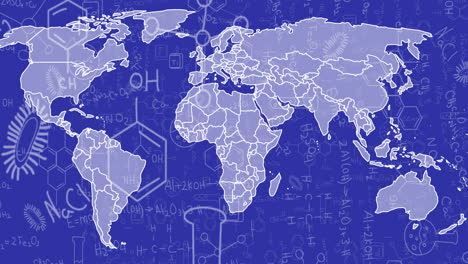 Animation-of-map,-medical-drawing,-mathematical-equation-and-diagrams-over-blue-background