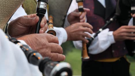 detail of hands playing the traditional galician bagpipe in a folk group in slowmotion