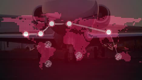 connecting dots over world map against private jet on airport runway