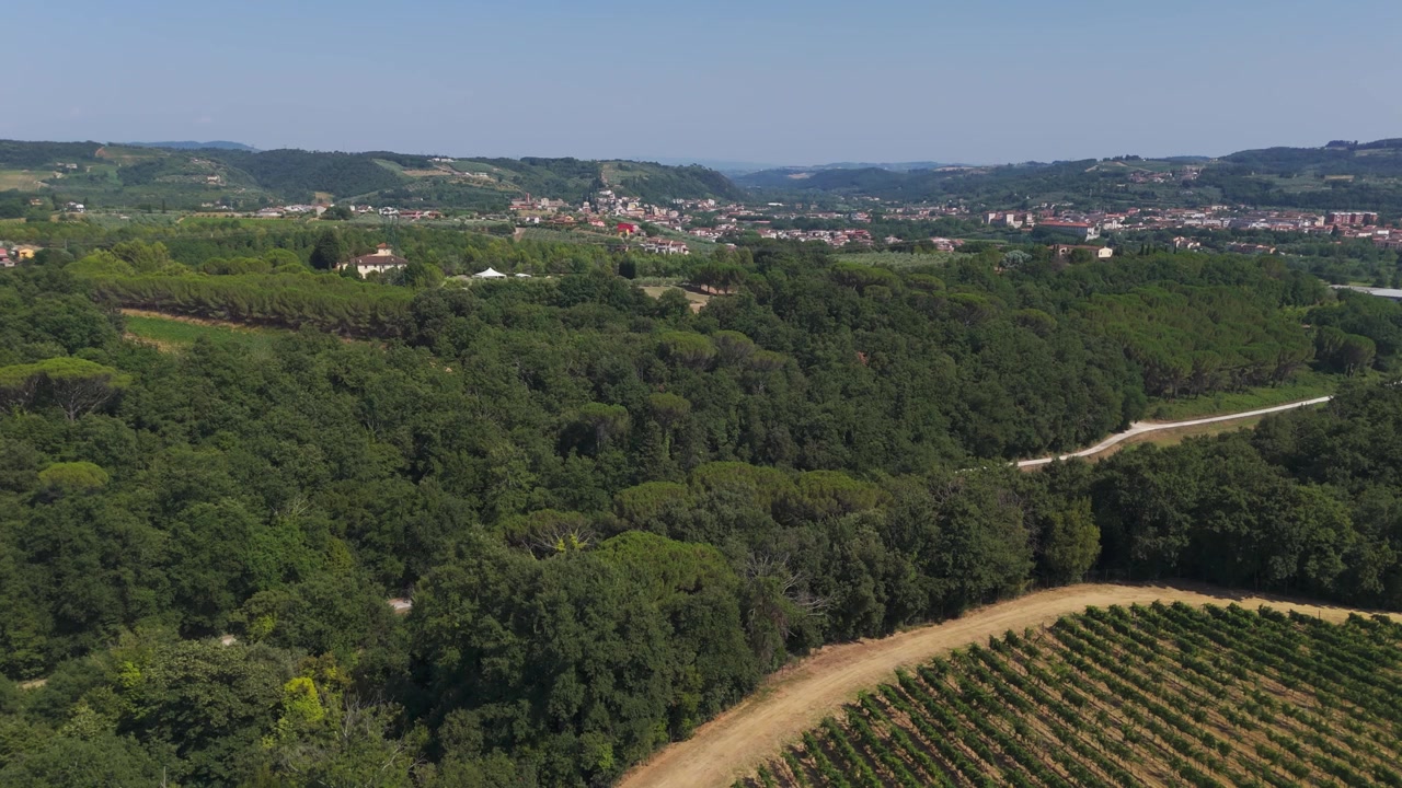Vista aerea su lussureggianti colline verdi, vigneti e boschi vicino a una cittadina toscana.