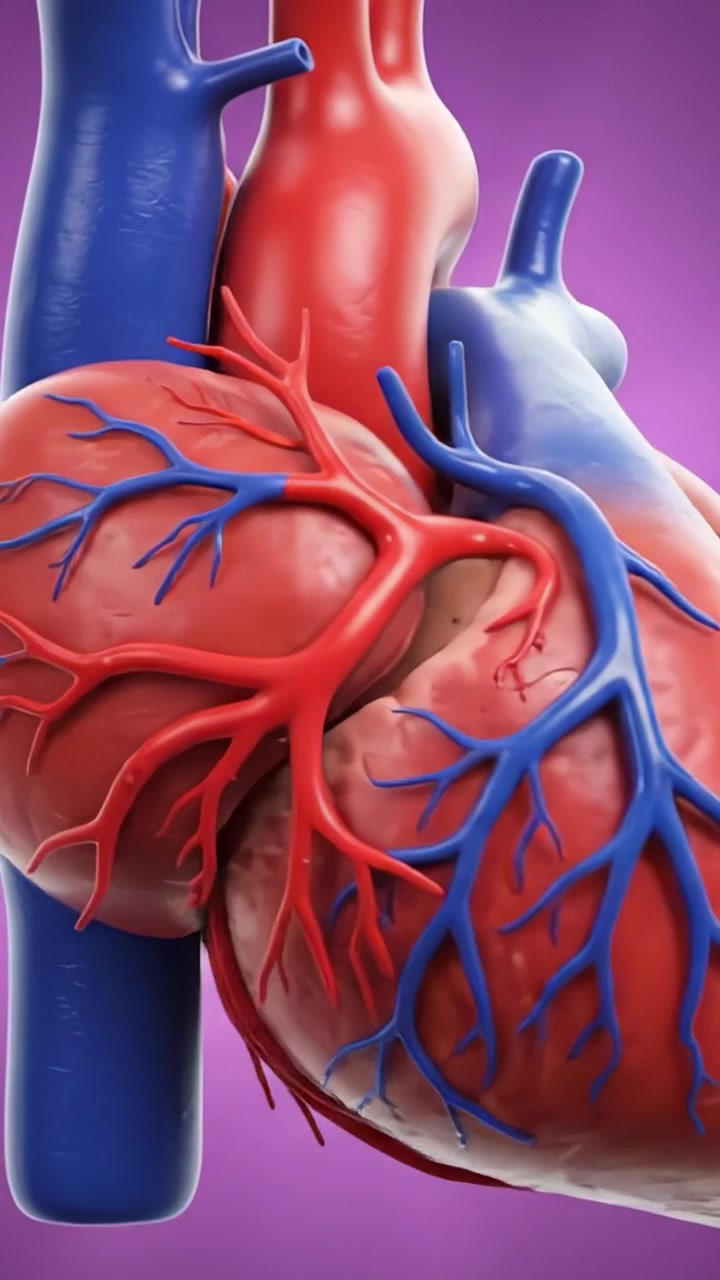 Detailed Anatomical Illustration of the Human Heart with Emphasis on Vascular Structures and Chambers, Showcasing the Complex Interplay of Blood Vessels in a Vivid Background
