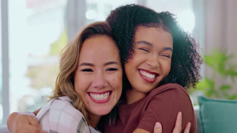 love, diversity and women hugging on sofa