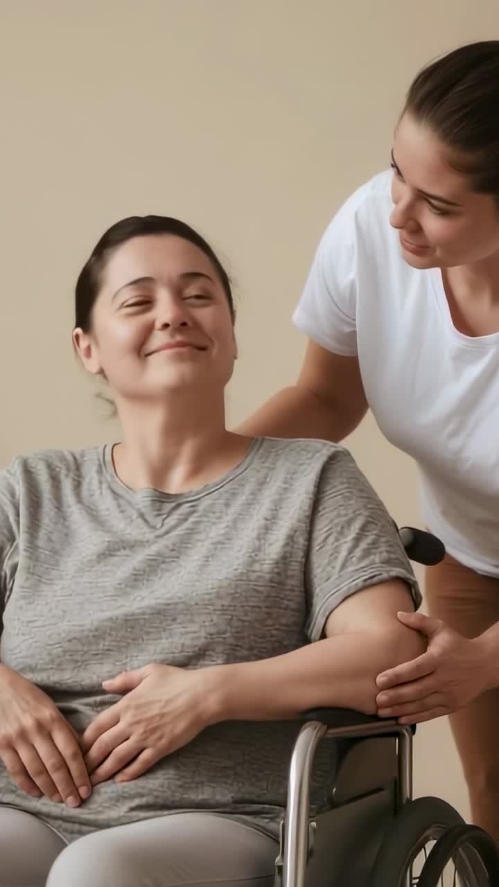 Vídeo vertical: mano sujetando, cuidador estabilizando a una mujer en silla de ruedas que abre los ojos y sonríe en casa
