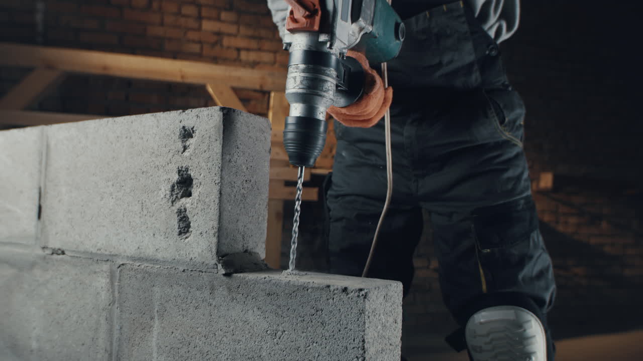 Construction Worker Drilling Concrete Block
