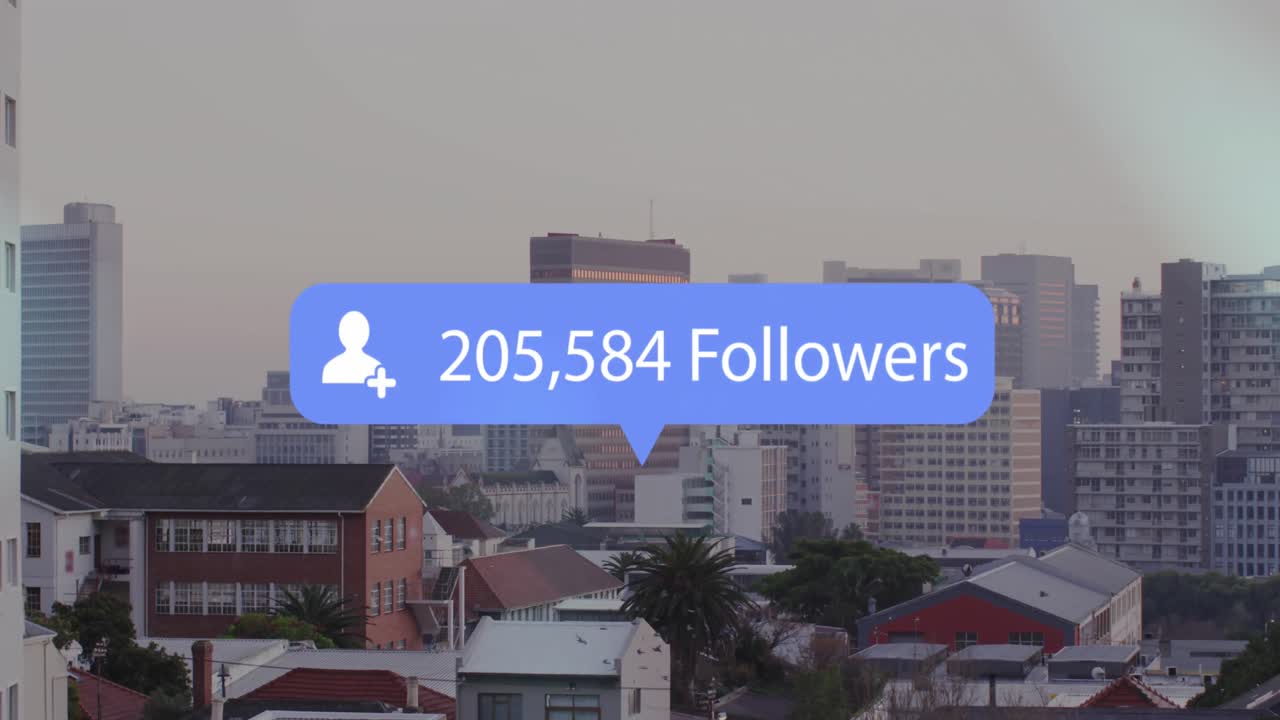 Animation of social media icon and data processing over cityscape