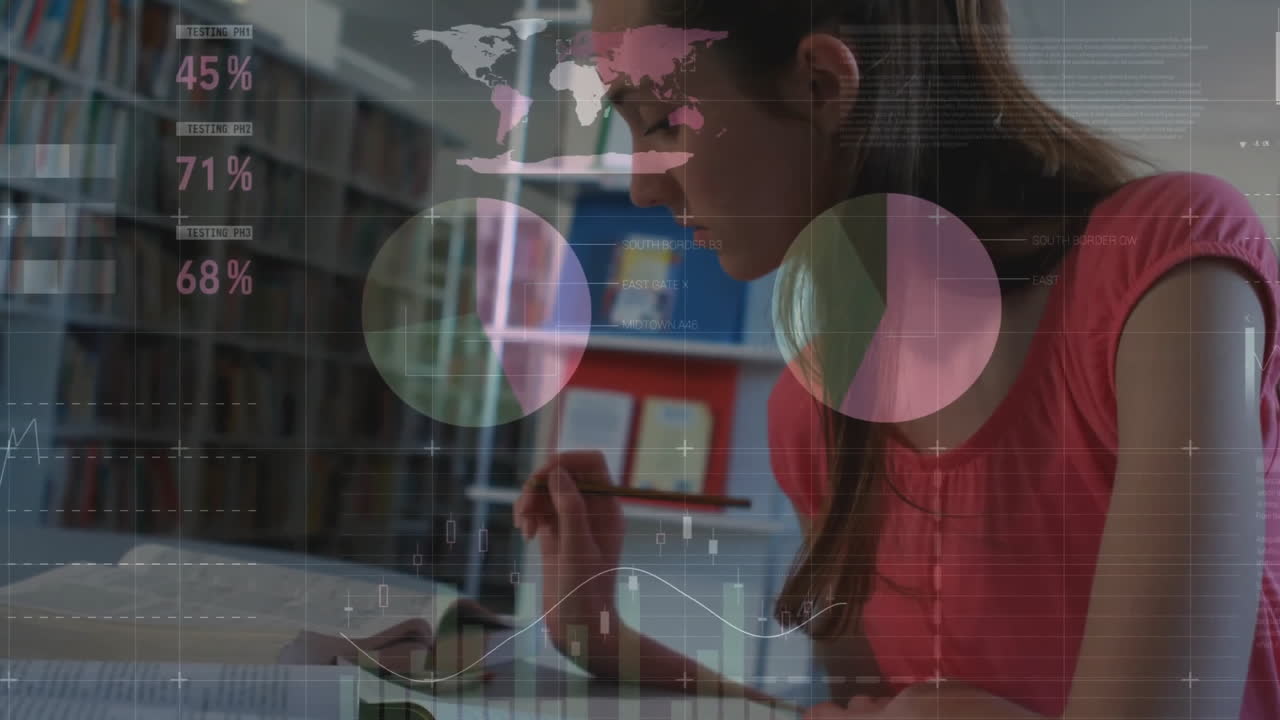 animación del procesamiento de datos financieros sobre una estudiante caucásica que escribe en un cuaderno