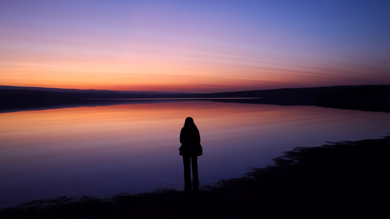 Silhouette of a Person at Sunset on a Calm Lake