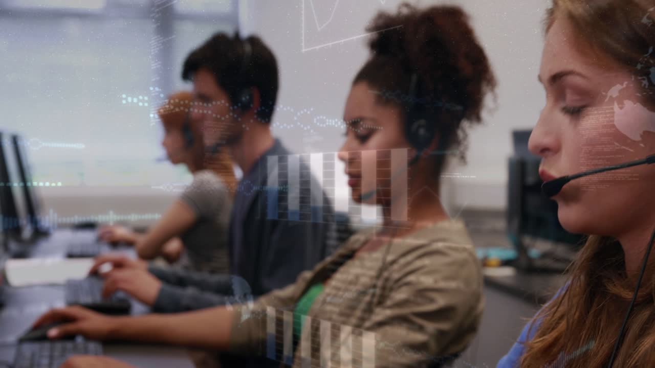 Support agents typing, call ringing, fourth joining speaking, chart overlays on PCs guiding tasks