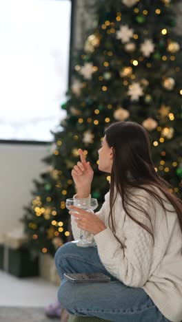 mujer disfrutando de una copa junto al árbol de navidad
