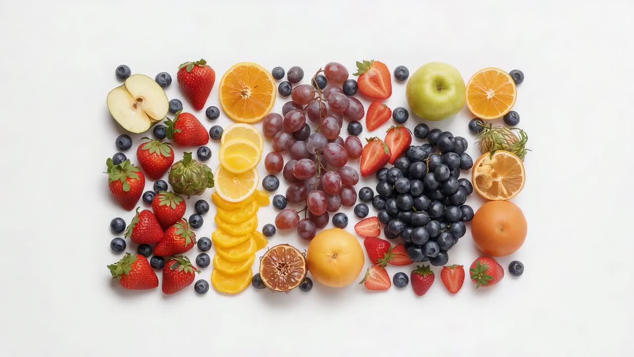 Zoom della camera che rivela una composizione di frutta su un tavolo da studio bianco, mettendo in risalto fragole e agrumi