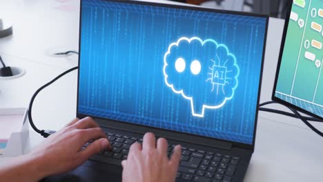 composition of hands of biracial man using laptop with ai chat on screen