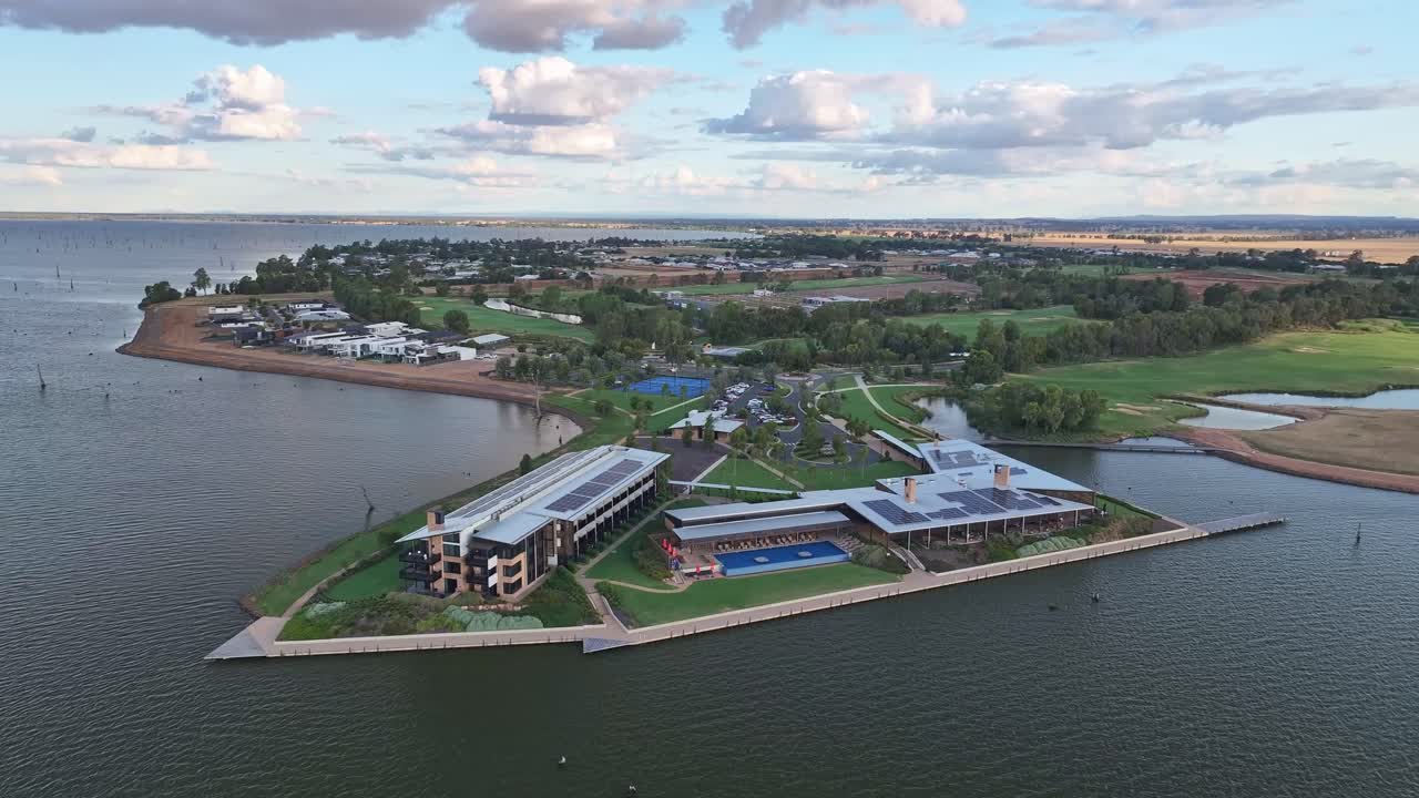 Aerial approaching the Sebel Hotel complex from above Lake Mulwala in Yarrawonga