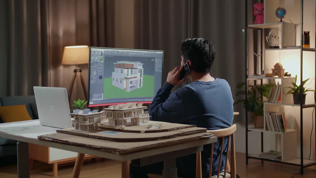 архитектор, работающий над дизайном дома ночью