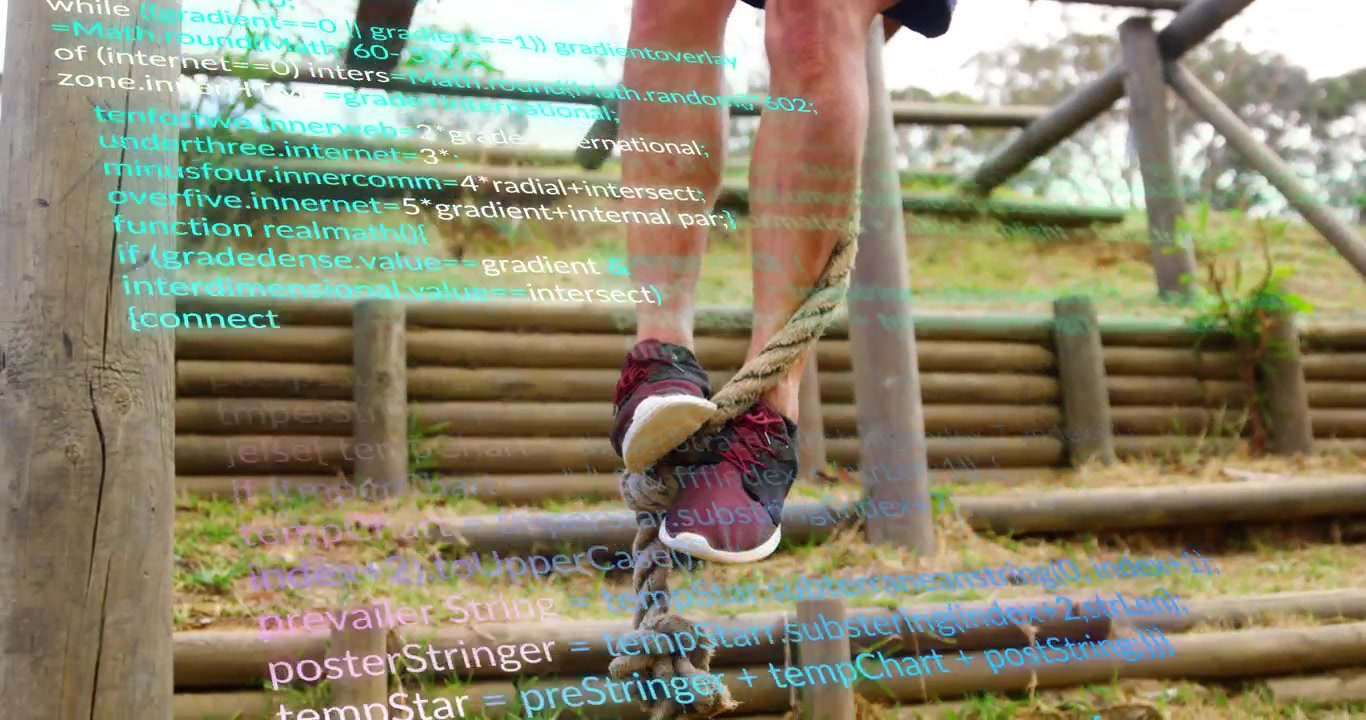 Man's lower legs securing rope using shoes and powering fitness obstacle climb with scrolling code