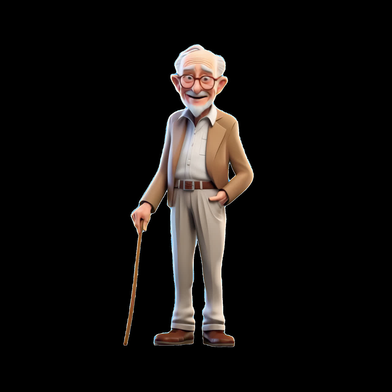 Elderly cartoon character standing animation isolated asset, transparent 4K video, alpha channel