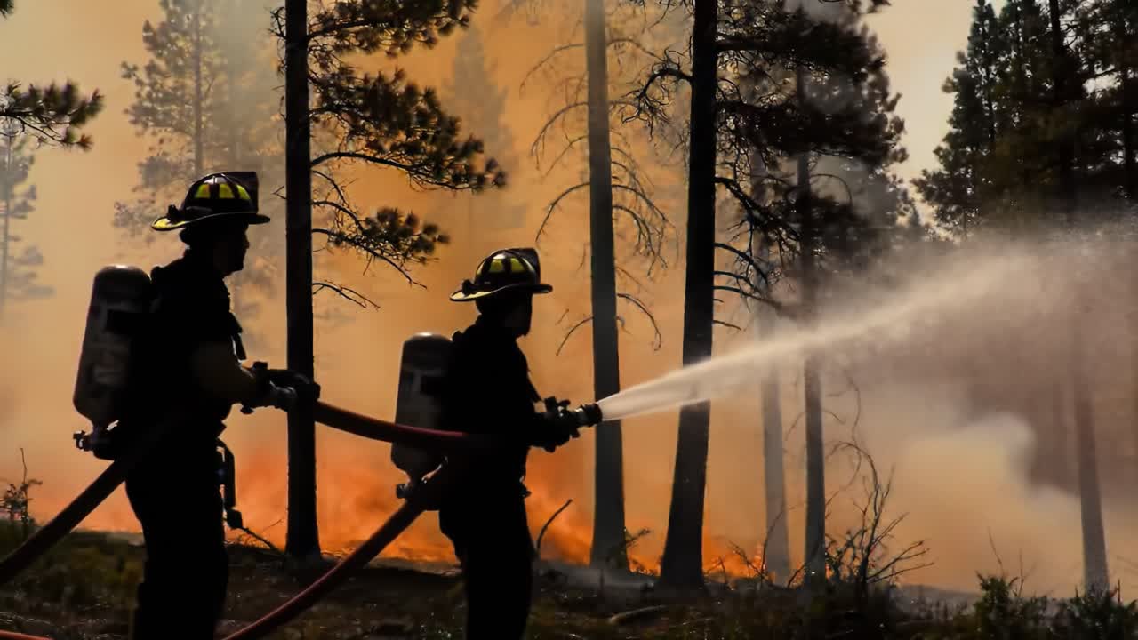 Firefighters work tirelessly to extinguish a large wildfire. The bright flames contrast against the silhouettes of trees as smoke fills the air during twilight hours.