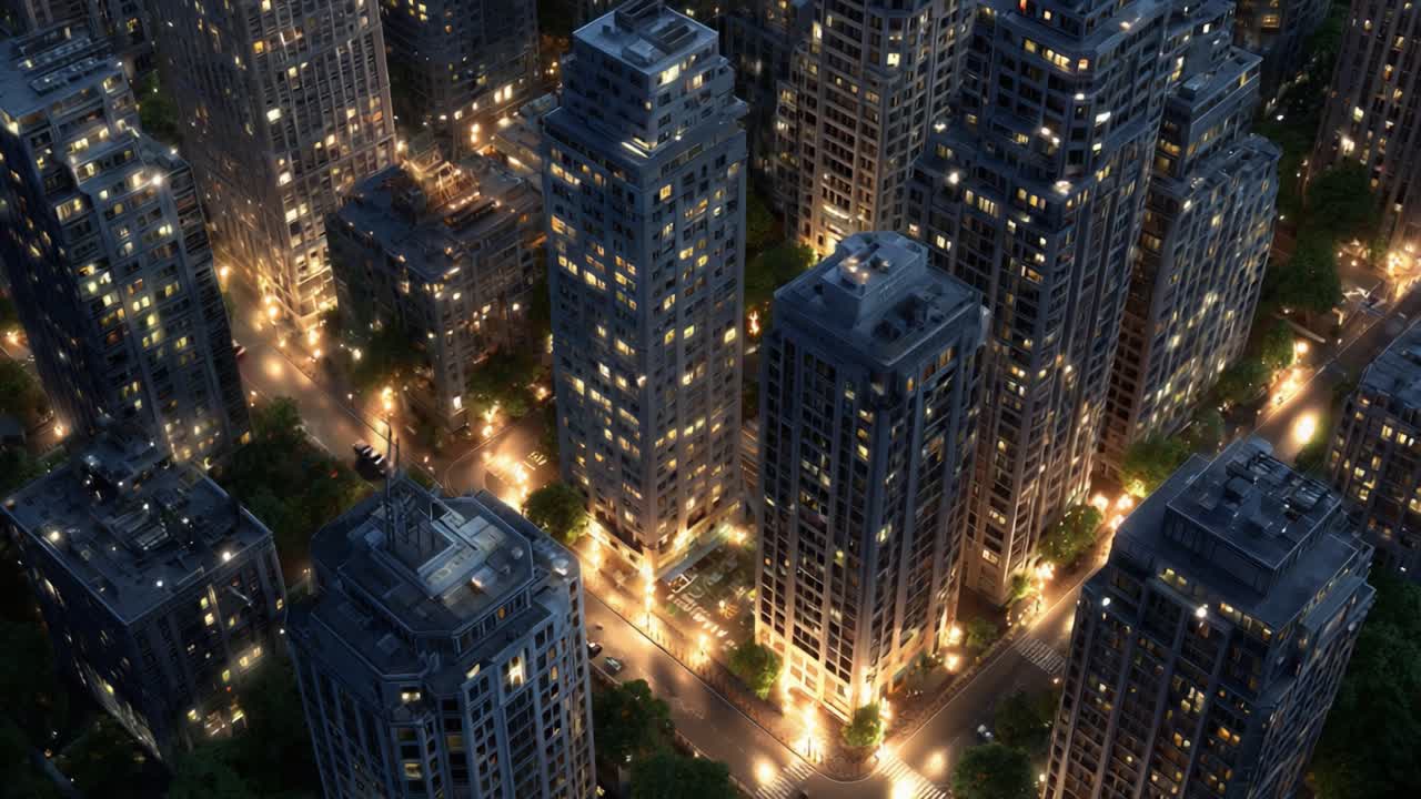 An Aerial View of a Vibrant Cityscape at Night, Showcasing Illuminated High-Rise Buildings and Glowing Streets in a Dynamic Urban Environment