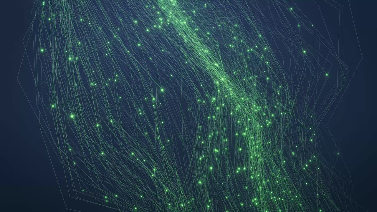 Abstract Green Digital Lines and Glowing Particles Flowing