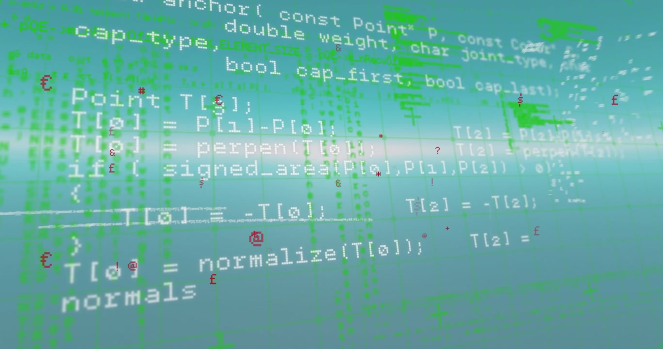 Digital Display of Green Computer Code with Floating Symbols