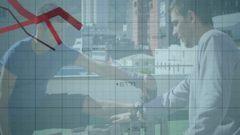 Two men analyzing finance data on glass board, highlighting downward lines overlaying numeric data
