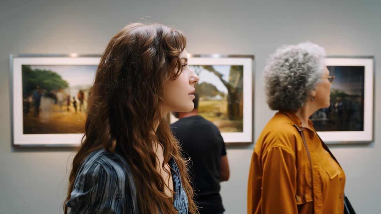 Duas mulheres observam arte em uma galeria. Elas ficam em silêncio, cativadas pelas fotografias expostas. Uma tem cabelo castanho longo, a outra cabelo branco. As paredes da galeria exibem cenas da natureza emolduradas