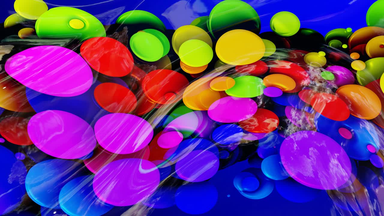 추상적인 반이는 빛나는 표면의 은 배경은 무지개 색의 원과 함께 파란 액체와 같은 파란색 액체가 기름에 있는 페인트의 물방울처럼 떠 있습니다.