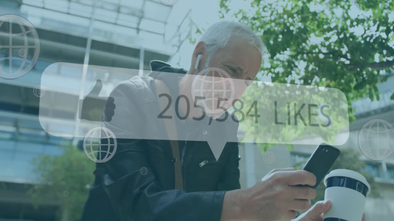 스마트폰을 사용하는 백인 노인에 대한 소셜 미디어 반응의 애니메이션