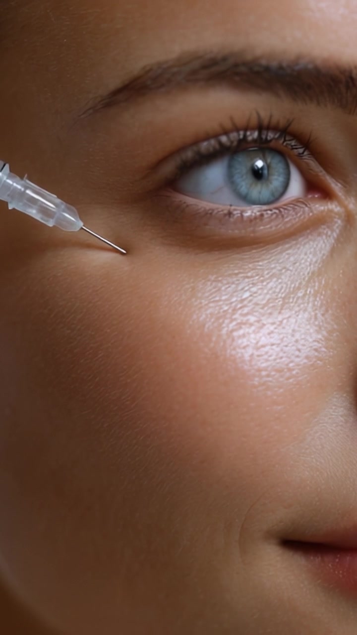 Un primo piano di una procedura di trattamento estetico che evidenzia l'occhio di una donna e l'applicazione precisa di un siero cosmetico per il miglioramento della pelle.