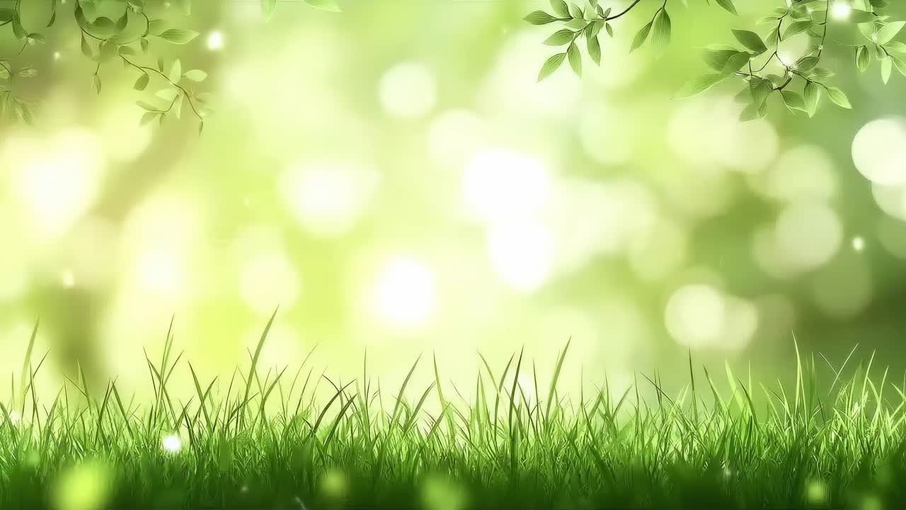 Serene nature video background with a low-angle view of grass and bokeh leaves