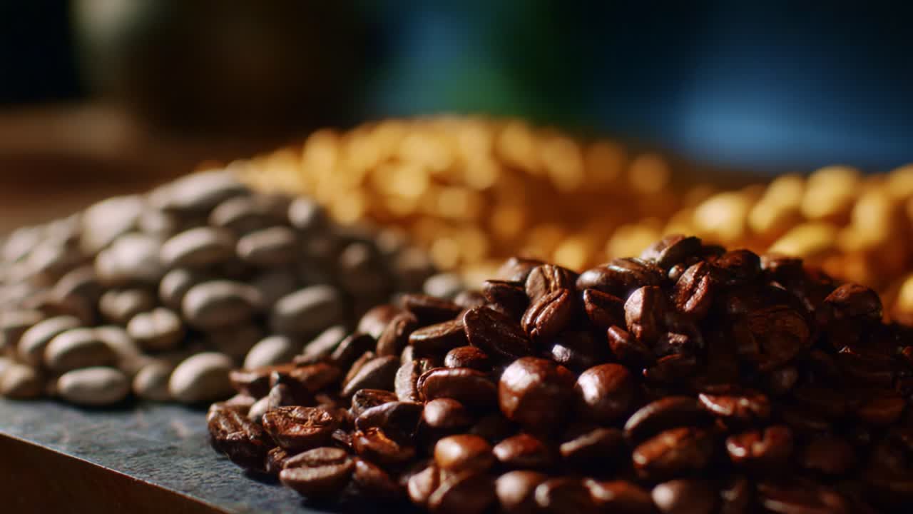A Vibrant Display of Coffee Beans with Varieties Lined Up in the Foreground and Background, Showcasing Rich Texture and Natural Colors for Coffee Lovers