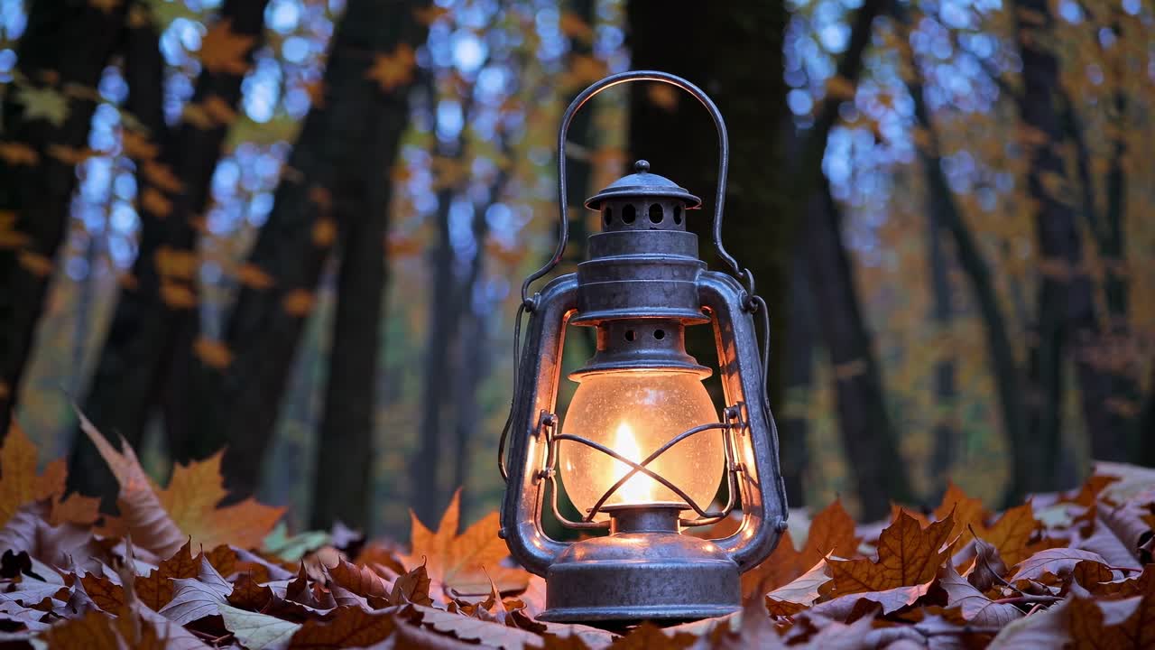 A vintage lantern glows warmly among autumn leaves in a forest