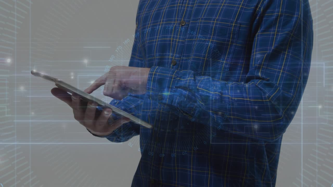 Man holding tablet tapping screen, causing HUD overlays highlighting, pausing and swiping for tech