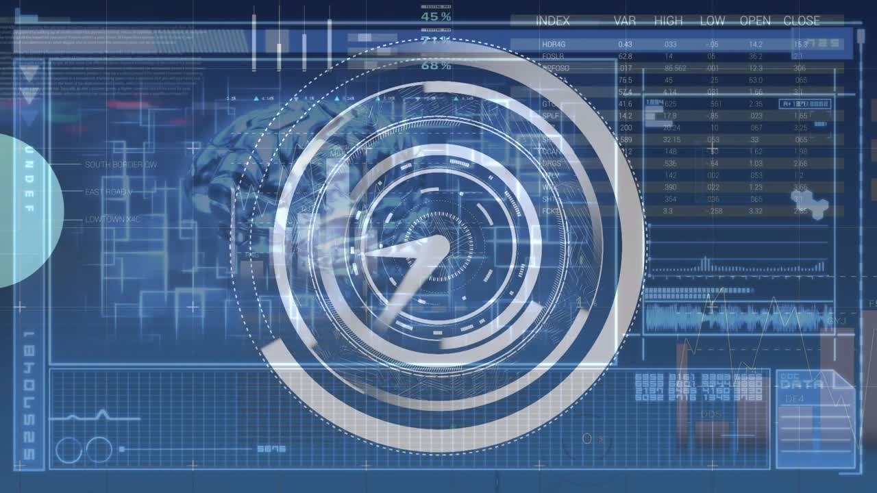 Animazione di orologio digitale su interfaccia infografica con cervello umano sullo sfondo