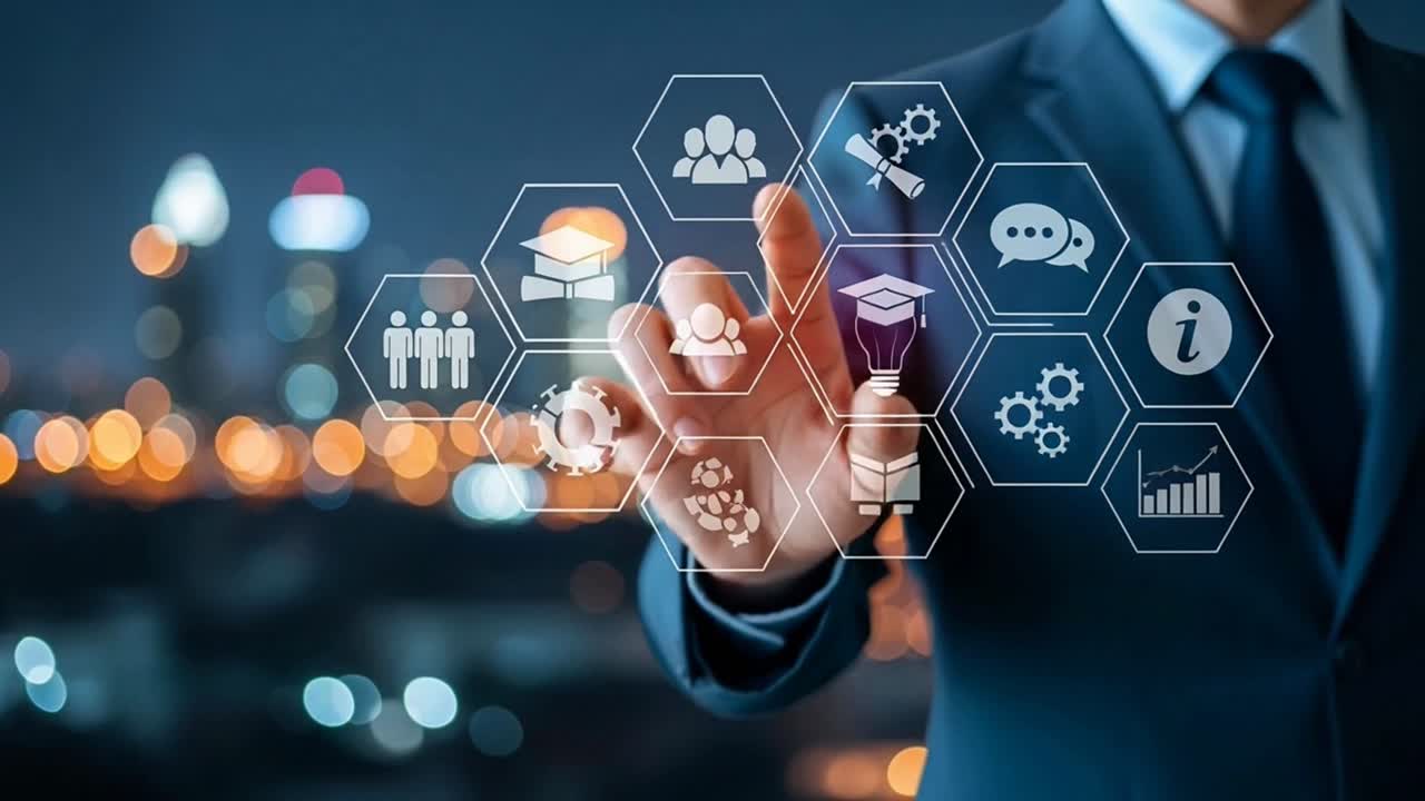 Businessman Accessing E-learning and Professional Development on a Virtual Interface