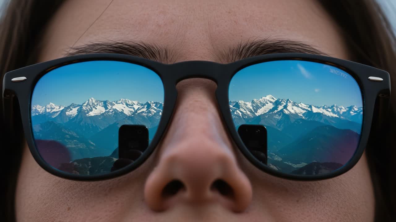 A Close-Up View of Mountains Reflected in Sunglasses, Showcasing the Majestic Peaks and Beautiful Landscape Captured in the Lens of a Nature Enthusiast