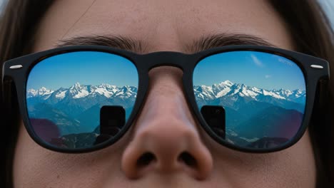 a close-up view of mountains reflected in sunglasses, showcasing the majestic peaks and beautiful landscape captured in the lens of a nature enthusiast