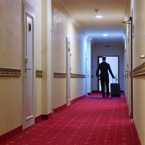 back view of businessman walking with suitcase in hotel corridor. modern interior with white walls, doors and red carpet